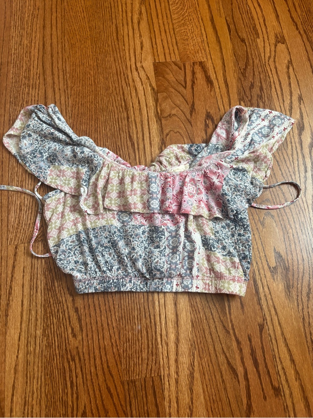 Altar'd State Pink, Blue & Cream Off-Shoulder Ruffle Crop Top